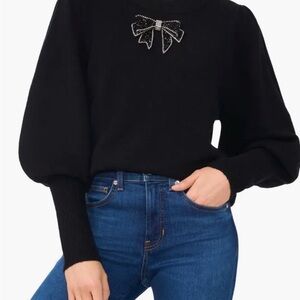 CeCe Black Sweater with Beaded Bow